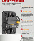 Hardcore 15 Amp Manual Reset Circuit Breaker Designed For Marine RV Truck And Solar Power Builds showing safety warnings and installation instructions.