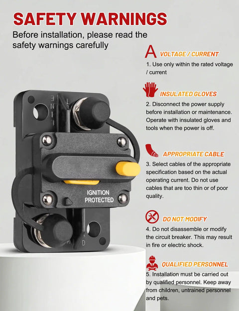Hardcore 15 Amp Manual Reset Circuit Breaker Designed For Marine RV Truck And Solar Power Builds showing safety warnings and installation instructions.