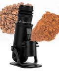 Killer Single Dose Espresso Grinder With 48mm Conical Burrs And Sixty Sharp Adjustment Levels, showcasing black grinder with coffee beans and ground coffee.