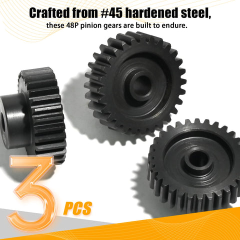 48P Beefed Up Pinion Gear Set 28T 29T 30T Hardened Steel 3.175mm Shaft With Screws And Hex For 1 By 10 RC Cars and Trucks display