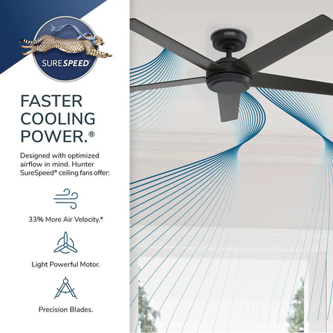 Hunter 52 inch Indoor Ceiling Fan and Remote Control, Embrook Matte Black Ceiling Fan with airflow design features.