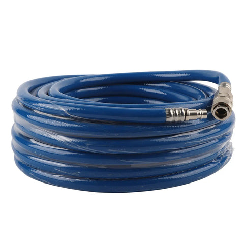 Top Tier 15 Meter Blue Flexible PVC Air Compressor Hose Line Premium Quality With Quick Lock Connector For Pneumatic Tools And Workshop Gear Heavy Duty Anti Kink Durable Tough Build Guarantee coiled blue PVC air hose with quick lock fitting