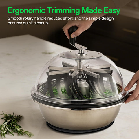 19 Inch Bud Leaf Bowl Trimmer With Clear Visibility Dome on kitchen counter, ergonomic handle in use, stainless steel blades visible