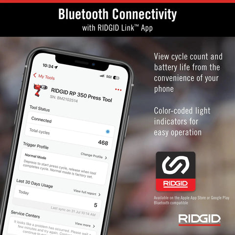 RP 350 ProPress 8 Piece Pressing Tool Kit With 18 Volt Battery Charger display on RIDGID Link app with Bluetooth connectivity