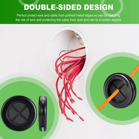 46-Piece Rubber Grommet Kit For Wiring, Premium Soft Double Sided Black Firewall Grommets in drill hole with red wires