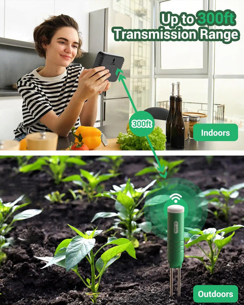 4 In 1 Soil Moisture Meter With Wireless Sensor Up To 300 Feet Temperature Light Time And Hygrometer Monitor With Digital LCD Display