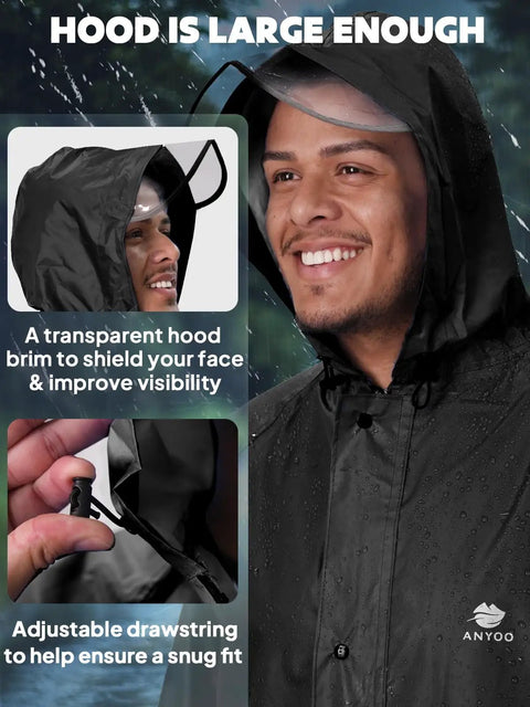 Man wearing Waterproof Rain Jacket For Men And Women Lightweight Hooded Long Sleeve Packable Windbreaker Poncho For Hiking with drawstring.