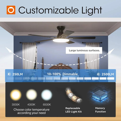 52 Inch Flush Mount Ceiling Fan With Lights And Remote Control, customizable light settings illustration in bedroom.