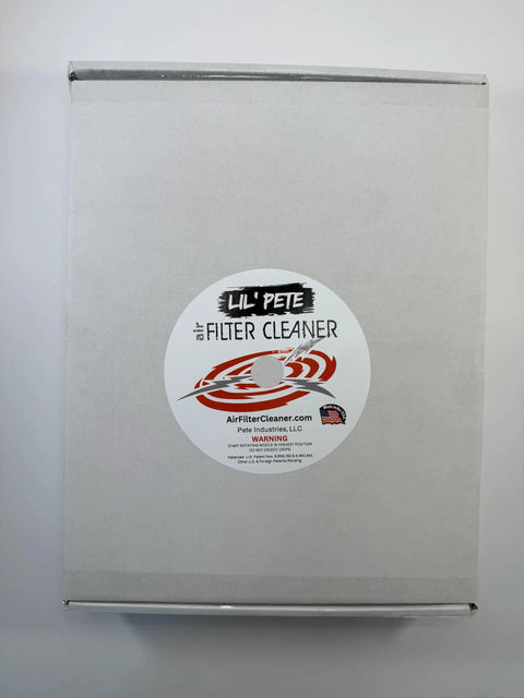 Packaging of Air Filter Cleaner Kit For 1.5 To 4 Inch ID Filters With Rotating Nozzle System, made in USA, box with logo.