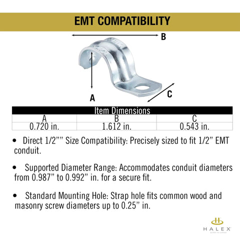 Heavy Duty Galvanized Steel Pipe Strap One Hole EMT Conduit Clamp Half Inch with dimensions shown on compatibility chart.