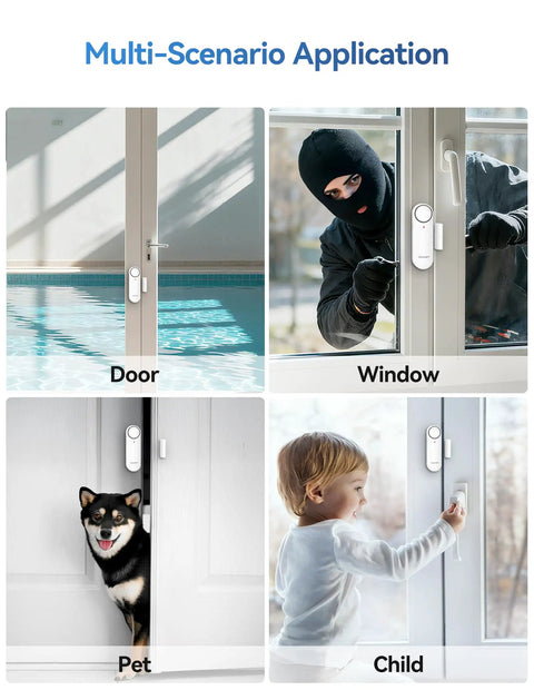 2 In 1 Door Alarm And Window Sensor Chime Set For Kid Safety And Home Security With 3 Level Volume Easy Switch Between Alarm And Doorbell Works On Doors And Windows Ideal For Garages And Apartments 3 Pack on door, window, pet, and child scenes