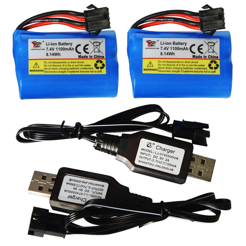2 Pack 7.4V 1200mAh Li-ion RC Boat Battery With SM 4P Connector And USB Cable Replacement For HJ808 HJ823 2.4GHz Remote Boats