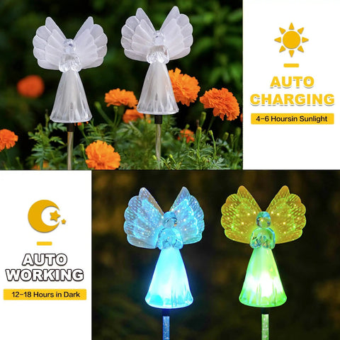 Two Pack Outdoor Solar Garden Lights With Color Changing LEDs IP67 Waterproof Angel Decor Stakes in garden glowing at night