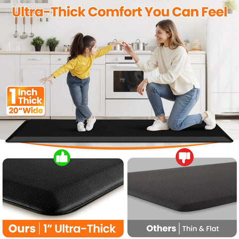 1 Inch Thick Anti Fatigue Kitchen Mat For Floor Non Slip Waterproof Standing Desk Mat For Kitchen Use Ideal For Cooking Cleaning And Working At The Counter Or Sink Black 20 By 72 Inches, shown with woman and child.