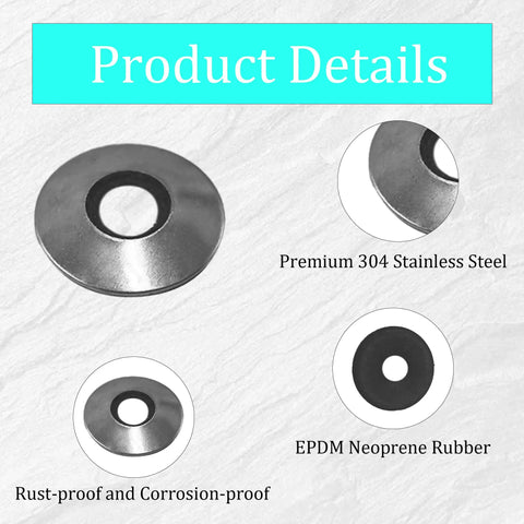 100 Piece Bundle Of Bonded Sealing Washers Crafted From Heavy Duty 304 Stainless Steel And Neoprene Rubber Gaskets For Marine Hardware Metal Roofing And Outdoor Jobs Giving You A Dry As A Bone Seal And Stays Tough As Nails Always with detailed views of stainless steel and neoprene components.