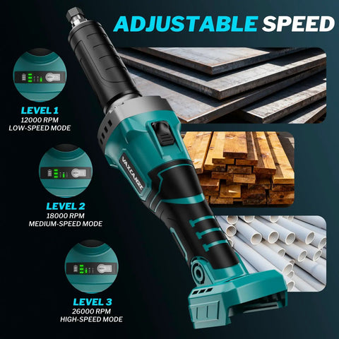 Beefy Cordless 1100W Brushless Die Grinder With Braking displayed with three adjustable speed levels for various tasks.