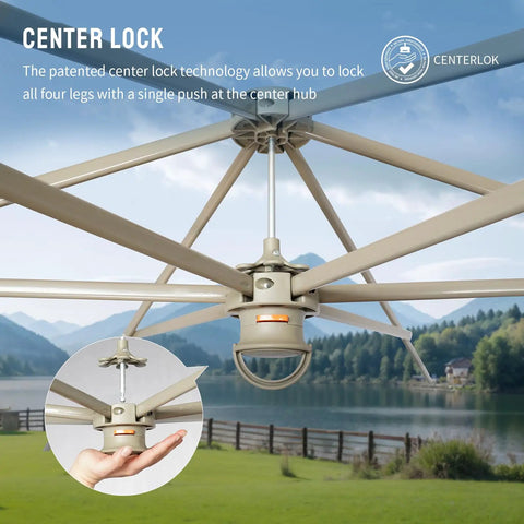 14x14 Pop Up Gazebo With Center Lock Six Sided Design Easy Setup No Tools Needed Portable Canopy Tent UV Resistant 300D Silver Coated Fabric For Patio And Outdoor Activities Beige And Coffee showing center lock mechanism.