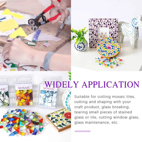 Mosaic Tile Nippers Kit Pro Grade in use with detailed projects and colorful mosaic pieces displayed for DIY projects.