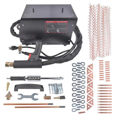 Spot Weld Dent Puller Kit 3500W 110V Car Body Dent Repair With Seven Welding Modes Auto And Manual Switch shown with tools.