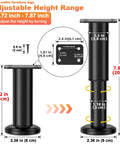 Heavy Duty Metal Furniture Legs 4 Pack Adjustable Height From Four Point Seven Two To Seven Point Eight Seven Inches shown with dimensions and adjustability.