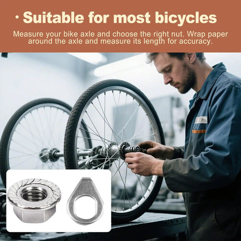 Mechanic installing 24 Pcs Bike Axle Nut And Washer Kit M8 M9 M10 Universal Hub Nuts Set For Mountain And Road Bikes on wheel