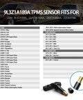 Ford TPMS Sensors 4 Pack Pre Programmed Tire Pressure Monitoring System For F150 F250 F350 F450 F550 Escape Fusion Lincoln MKX MKC 2009 2019 Plug And Play Ready To Install, with fitment chart and sensor close-up