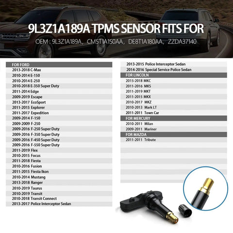 Ford TPMS Sensors 4 Pack Pre Programmed Tire Pressure Monitoring System For F150 F250 F350 F450 F550 Escape Fusion Lincoln MKX MKC 2009 2019 Plug And Play Ready To Install, with fitment chart and sensor close-up