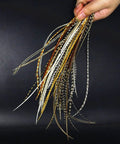 Hand holding Rooster Saddle Fly Tying Feathers Pack For Midge And Dry Fly Hackle, 9 To 11 Inches, Mixed Colors, 10 Feathers
