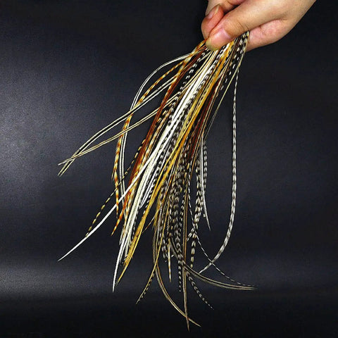 Hand holding Rooster Saddle Fly Tying Feathers Pack For Midge And Dry Fly Hackle, 9 To 11 Inches, Mixed Colors, 10 Feathers