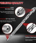 Masonry drill bit with serrated carbide tip, 1/4 in hex shank, heat-treated carbon steel body; 12 mm. One bit shown.