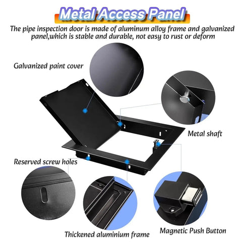 Heavy Duty Black Access Panel For Drywall And Suspended Ceilings Rustproof Galvanized Steel Inspect Hatch with details of aluminum frame and magnetic push button.