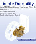 Illustration of Panda Claw Upgraded Brass Extruder Gear with Golden RNC Nano Coating and Hardened Tool Steel for durability.