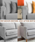 Comparison of gray sofa before and after using Self Adhesive Fabric Couch Repair Patches Kit 4x6 Inches Linen Mending Tape.