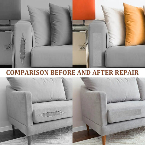 Comparison of gray sofa before and after using Self Adhesive Fabric Couch Repair Patches Kit 4x6 Inches Linen Mending Tape.