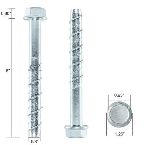 Tough As Nails Concrete Screws And Anchor Bolts 5/8 Through 6 Inch detail view of zinc coated hex head 6 inch screw with dimensions.
