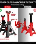 Pair of red and black 6-ton SENKEYFE jack stands with rubber cover, double-pin locking, large foot base (front view)