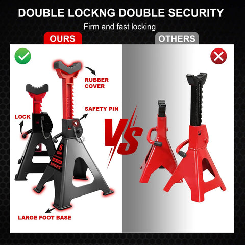Pair of red and black 6-ton SENKEYFE jack stands with rubber cover, double-pin locking, large foot base (front view)