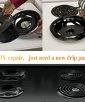 Black Porcelain Drip Pan Set 4 Pack Replacement For Frigidaire Electric Range Stove Burners in use on a stove.