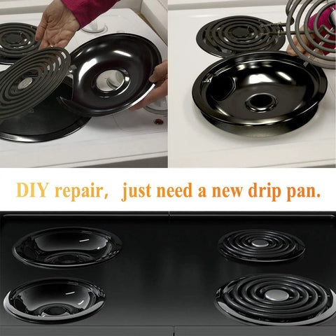 Black Porcelain Drip Pan Set 4 Pack Replacement For Frigidaire Electric Range Stove Burners in use on a stove.