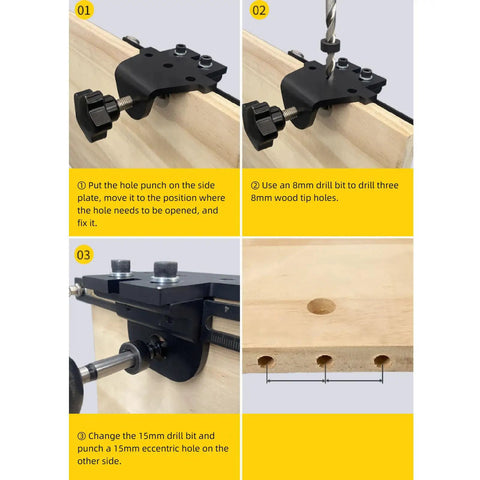 Heavy Duty 3 In 1 Dowel Jig Kit With High Carbon Steel Adjustable Woodworking Drill Guide showing hole punching steps.