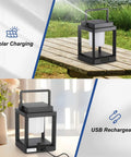 Outdoor Solar Lantern Table Lamp With Handle Portable Hanging LED Light on wooden table and USB charging indoors