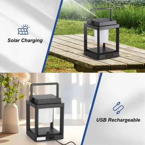 Outdoor Solar Lantern Table Lamp With Handle Portable Hanging LED Light on wooden table and USB charging indoors