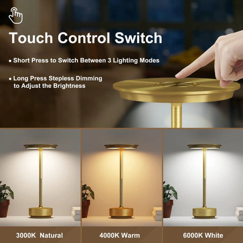 Touch control switch on 2 Pack Cordless Table Lamps Rechargeable With 5000mAh Battery, shown with 3 color options.