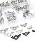 Top Notch 125PC Carbon Steel White Zinc Butterfly Wing Nuts Assortment Kit With Six Metric Sizes M3 Through M10 in storage box.