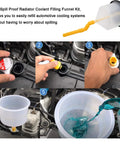 Universal Spill Proof Coolant Fill Funnel Kit With Complete Adapter Set For All Vehicles in use, pouring coolant without spills.