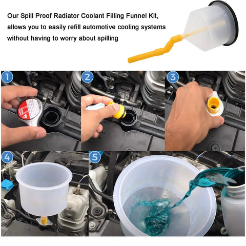 Universal Spill Proof Coolant Fill Funnel Kit With Complete Adapter Set For All Vehicles in use, pouring coolant without spills.