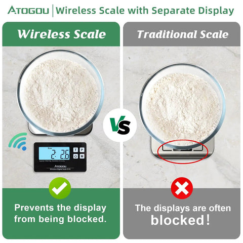 Comparison of wireless kitchen scale with remote display and traditional scale both weighing a bowl of flour.