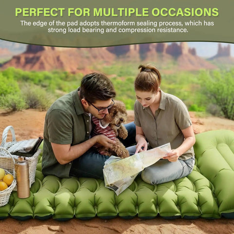 Couple with dog on Ultralight Camping Sleeping Pad With Built In Pillow And Foot Pump, in desert setting.
