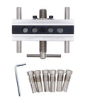 Snappy Setup Adjustable Width Doweling Jig Kit With Heavy Duty Woodworking Guide and six tough bushings for precise hole drilling.