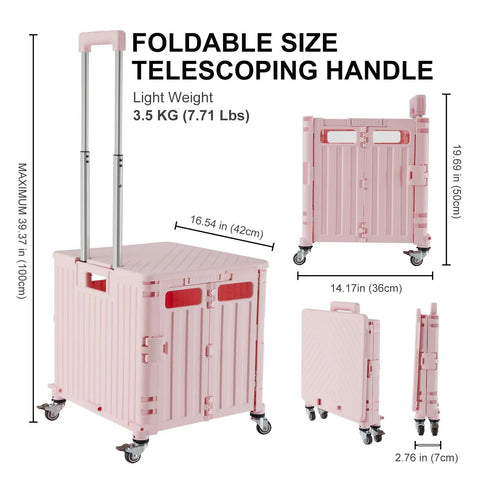 Foldable Utility Cart With Four Swivel Wheels And Lid, Portable Rolling Handcart for office errands, telescopic handle, pink